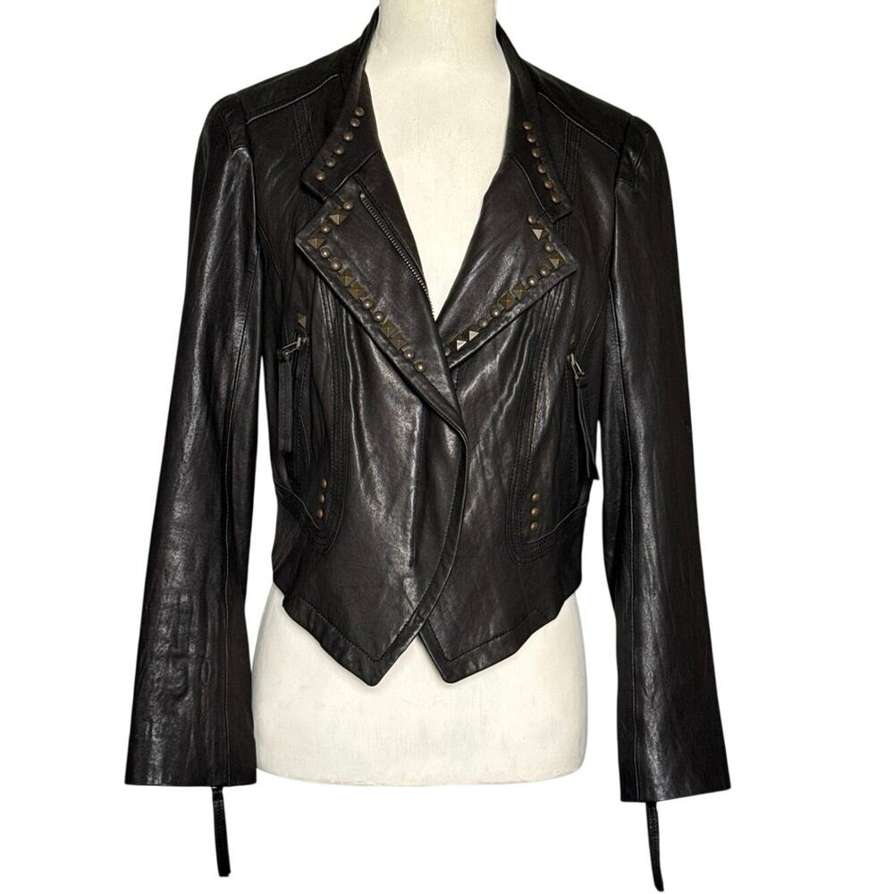 1st Avenue Womens Lambskin Leather Studded Moto Jacket Black Cropped Large EUC - Picture 7 of 16